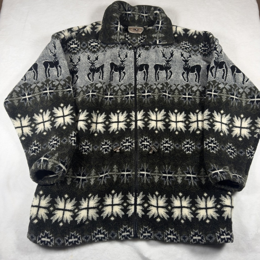 County Clothing Co Jacket Womens Large Gray Fleece Reindeer Fair Isle Zip Winter